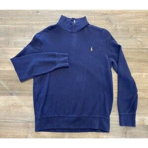 Polo Ralph Lauren Sweater Mens L Blue Waffle Knit 1/4 Zip Mock Pullover Pony